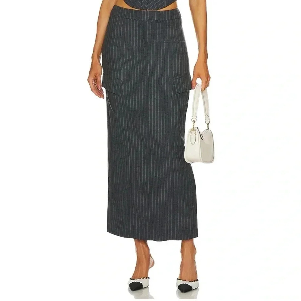 New Bec + Bridge Pine Maxi Wool Blend Skirt Gray Pinstripe US 2
